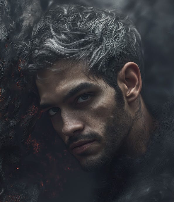 A dark, close-up portrait of Veyrakh partially obscured by shadow and smoke. His expression is calm but intensely watchful, with sharp features, dark eyes, and tousled silver-black hair streaked with pale gray. Ember-like red light glows faintly behind him, illuminating the edge of his face against a smoky black background. A dark, close-up portrait of Veyrakh partially obscured by shadow and smoke. His expression is calm but intensely watchful, with sharp features, dark eyes, and tousled silver-black hair streaked with pale gray. Ember-like red light glows faintly behind him, illuminating the edge of his face against a smoky black background.