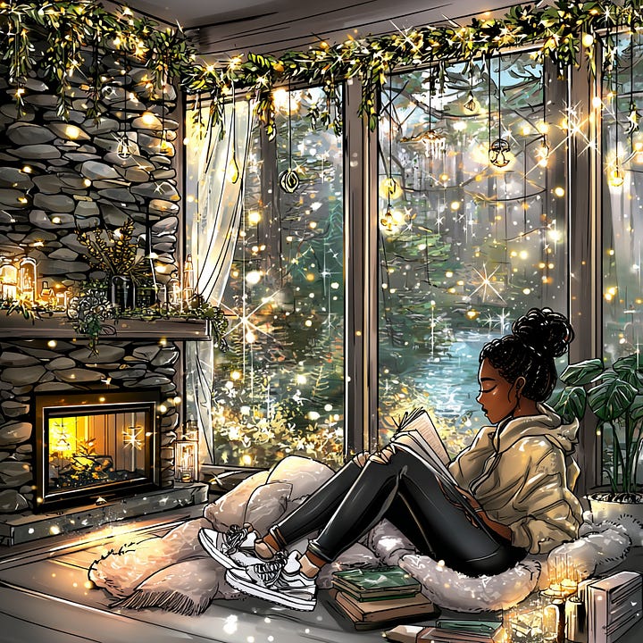 Scenes of cosy, a black woman in a cartoon style sits in front of an open fireplace, a large glass window with snowy winter scene outside