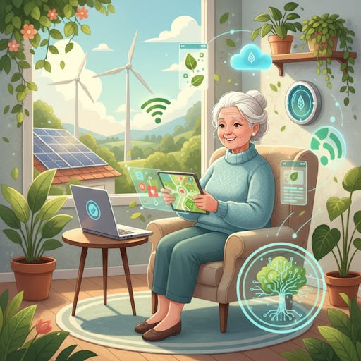 A woman holding a tablet surrounded by plants.