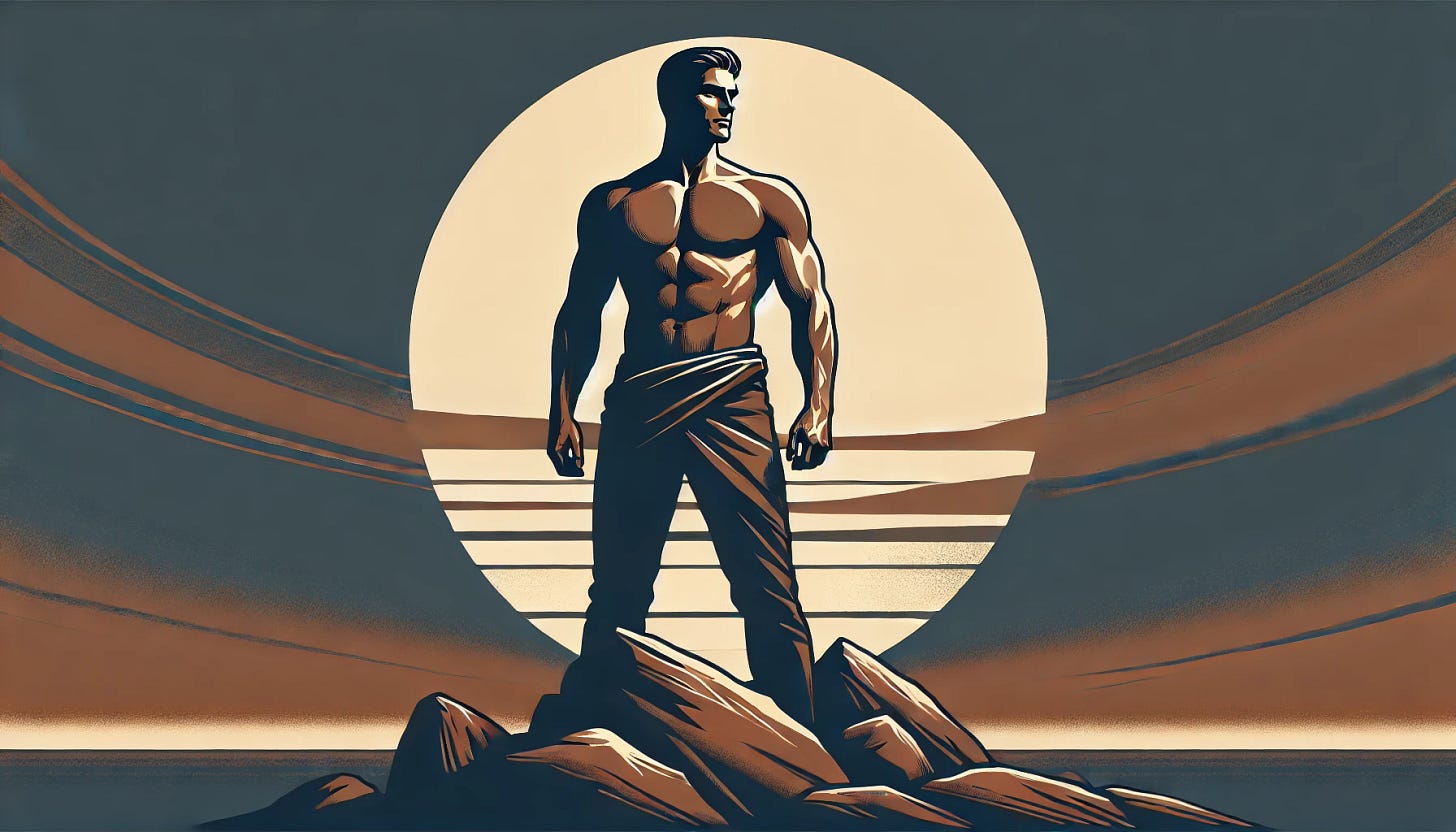 Illustration of a muscular, confident man standing on a rocky peak against a dramatic sunset, symbolizing strength, resilience, and determination.