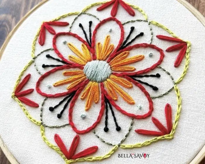 mandala embroidery on hooped fabric