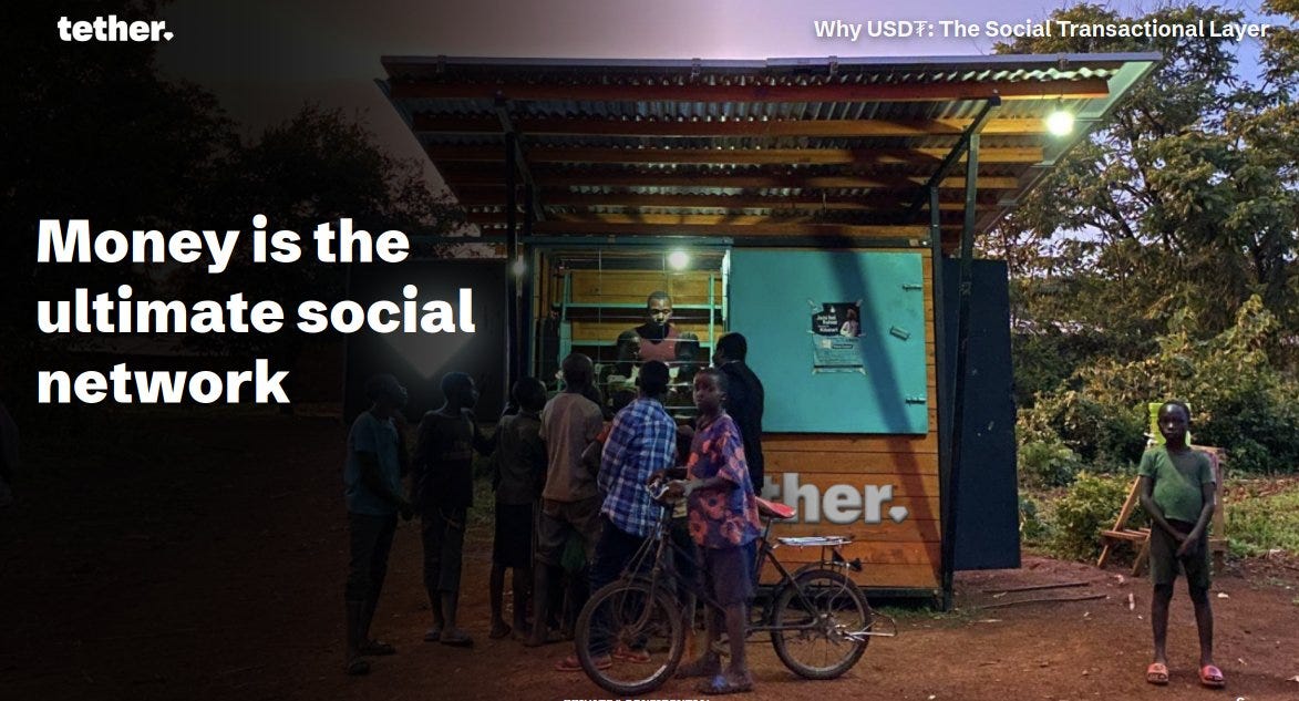 People of various ages and genders stand gathered around a wooden outdoor structure branded with Tether and USDT logos in a rural dirt area with trees and lighting. The structure has a sloped roof and open sides, with individuals in casual clothing including shirts and pants, some holding items. A promotional overlay text reads Why USDT The Social Transactional Layer and Money is the ultimate social network, with the Tether logo visible. People of various ages and genders stand gathered around a wooden outdoor structure branded with Tether and USDT logos in a rural dirt area with trees and lighting. The structure has a sloped roof and open sides, with individuals in casual clothing including shirts and pants, some holding items. A promotional overlay text reads Why USDT The Social Transactional Layer and Money is the ultimate social network, with the Tether logo visible.
