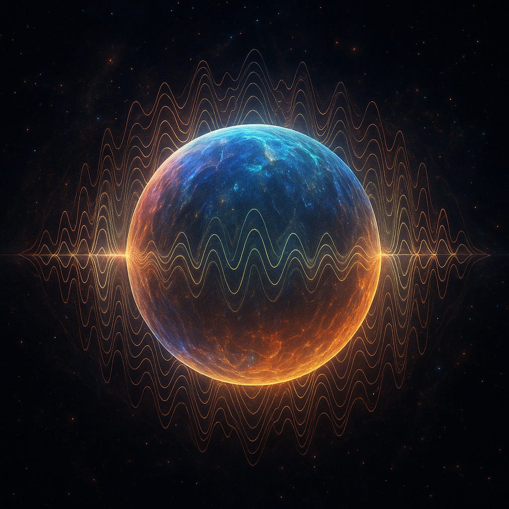 A glowing spherical planet-like structure floats in space, encircled by luminous orange waveforms that ripple symmetrically across its surface, symbolising frequency, resonance, and the structured energy fields shaping reality. A glowing spherical planet-like structure floats in space, encircled by luminous orange waveforms that ripple symmetrically across its surface, symbolising frequency, resonance, and the structured energy fields shaping reality.