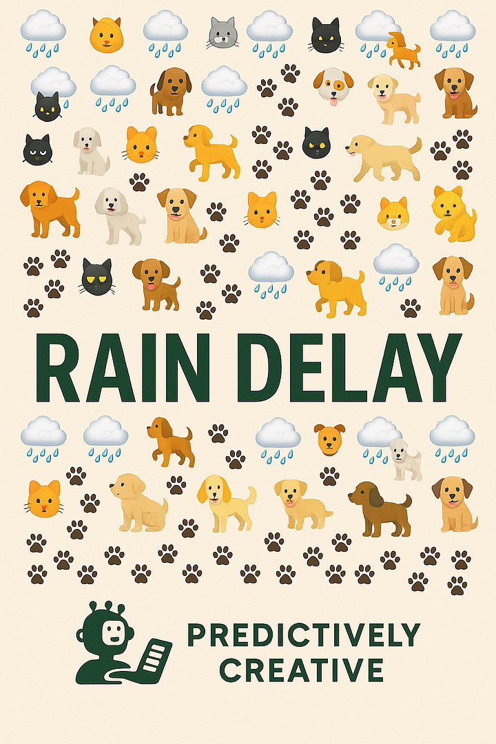 Cats and dogs now 1 year and a week old on rain delay artwork on display reminding us to stop and breathe