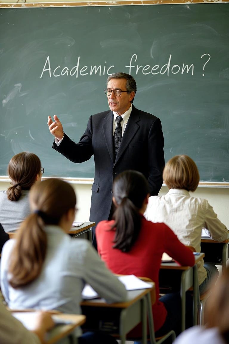 a college professor lecturing his students. the chalkboard in the lecture says "Academic freedom?"