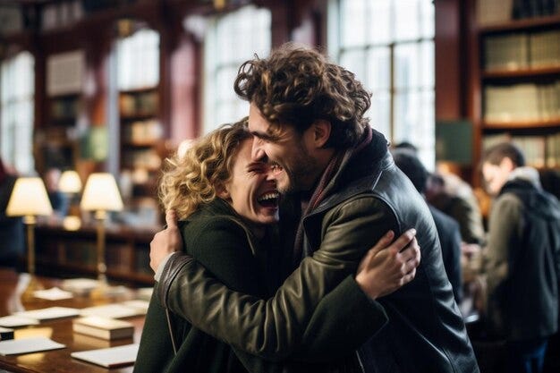 A hug between two people in a library hug photo546jpg | Premium AI ...