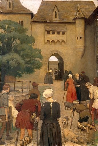 "The Abbaye of Saint Antoine, the Sologne, France "The Abbaye of Saint Antoine, the Sologne, France. Pilgrims suffering from ergotism (St Antony's fire) approaching the infirmary in which the relics and bones of the saint are preserved which were believed to cure the disease". Oil painting by Ernest Board. Contributors: Ernest Board. Work ID: t3a4ycdq.