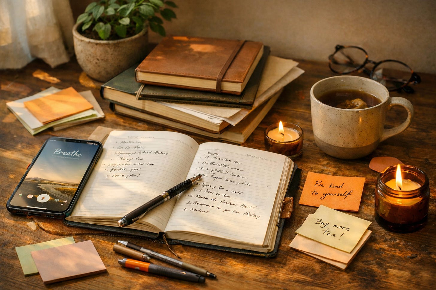 Cozy desk with journals, pens, sticky notes, a cup of tea, candles, a plant, and a modern iPhone showing a mindfulness app.