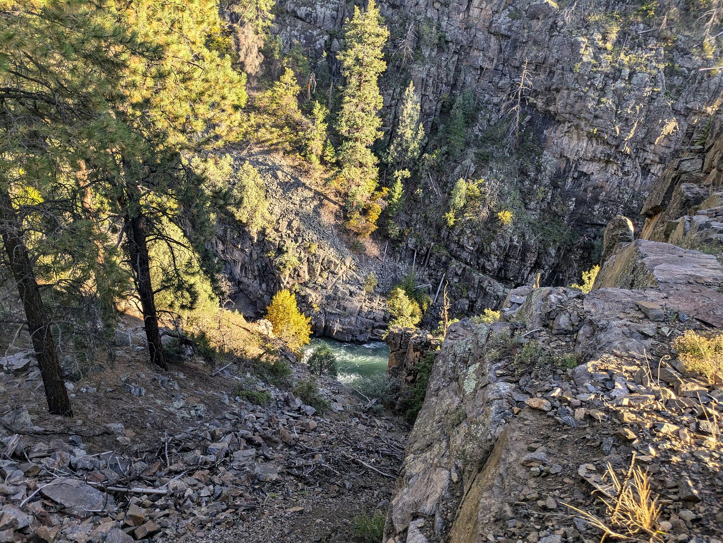 Steep rocky downhill section of the Colorado Trail dropping into a narrow canyon with a river below, illustrating technical descent terrain and eccentric load on the legs