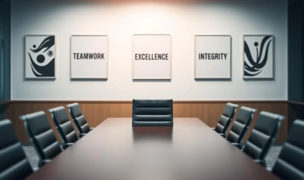 Empty chair at a corporate conference table with motivational posters displaying words like 'Teamwork,' 'Excellence,' and 'Integrity' visible on the wall in the background, illustrating the gap between stated company values and actual accountability. Empty chair at a corporate conference table with motivational posters displaying words like 'Teamwork,' 'Excellence,' and 'Integrity' visible on the wall in the background, illustrating the gap between stated company values and actual accountability.