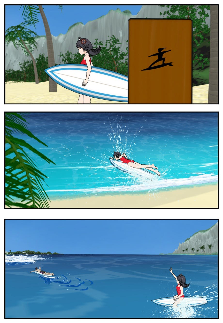 Rae grabs a surfboard, goes into the water, and tries to catch up to Ruff.