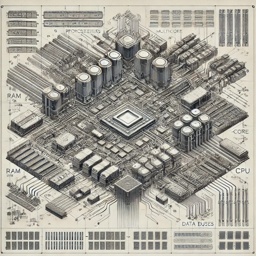 A technical schematic of an AI-powered operating system, resembling a detailed blueprint of a futuristic computer architecture. The design includes RAM modules, multi-core processors, CPUs, data buses, and storage units. The layout is intricate, with fine circuit traces connecting various elements. AI processing units are highlighted with neural network-like structures. The art style is precise and sober, resembling an engineering diagram with a monochrome or blueprint-like aesthetic. No text or labels are included.