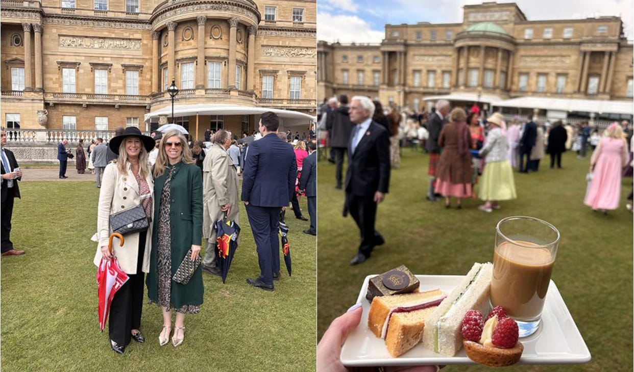 Two ladies smiling outside Buckingham Palace and an afternoon tea tray 