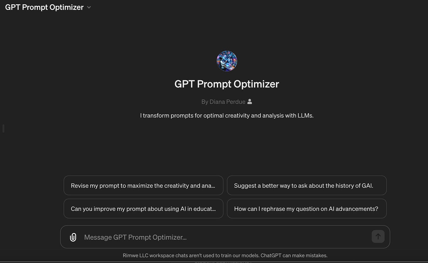 screenshot of GPT Prompt Optimizer custom GPT screen