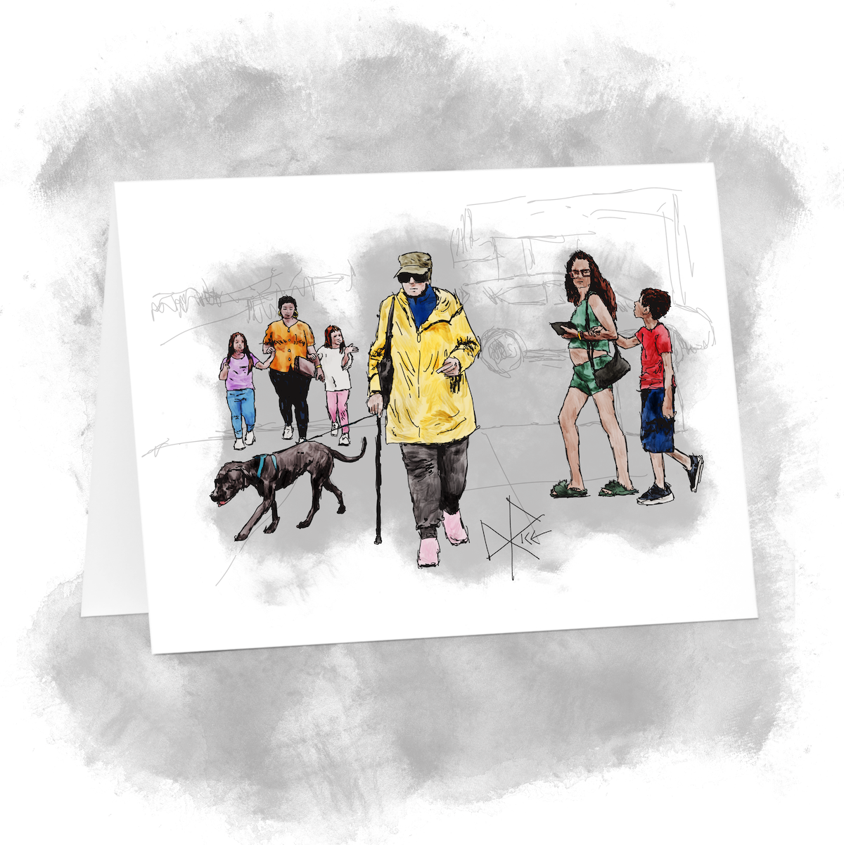 Sharing a sidewalk as they move forward in their lives, humans of varying vintage enjoy a warm day along with other domestic animals. Sketch art by Don Rice.