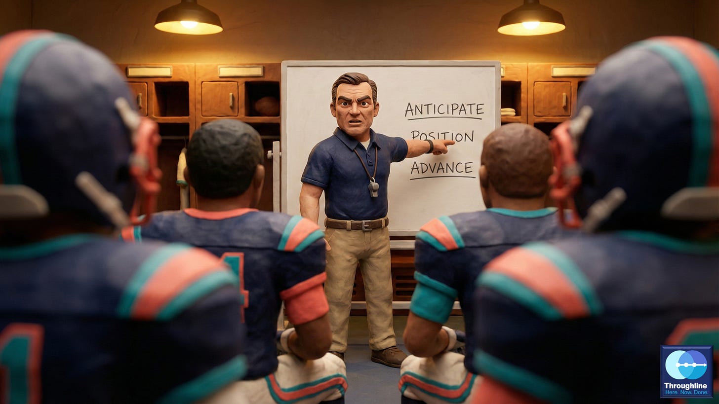 Claymation scene of a football coach in a navy polo pointing at a whiteboard displaying the words Anticipate, Position, Advance. Players in navy, coral, and teal uniforms sit facing the coach, leaning forward with engaged body language. Shot from behind the seated players, placing the viewer inside the huddle. Locker room setting with warm overhead lighting.
