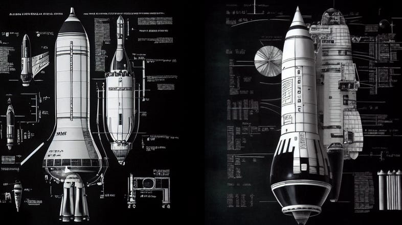 When Geoff Brumfiel asked an AI software for rocket schematics, he got interesting results. Like these Saturn V-inspired renderings. (NPR staff generated imagery using Midjourney) When Geoff Brumfiel asked an AI software for rocket schematics, he got interesting results. Like these Saturn V-inspired renderings. (NPR staff generated imagery using Midjourney)