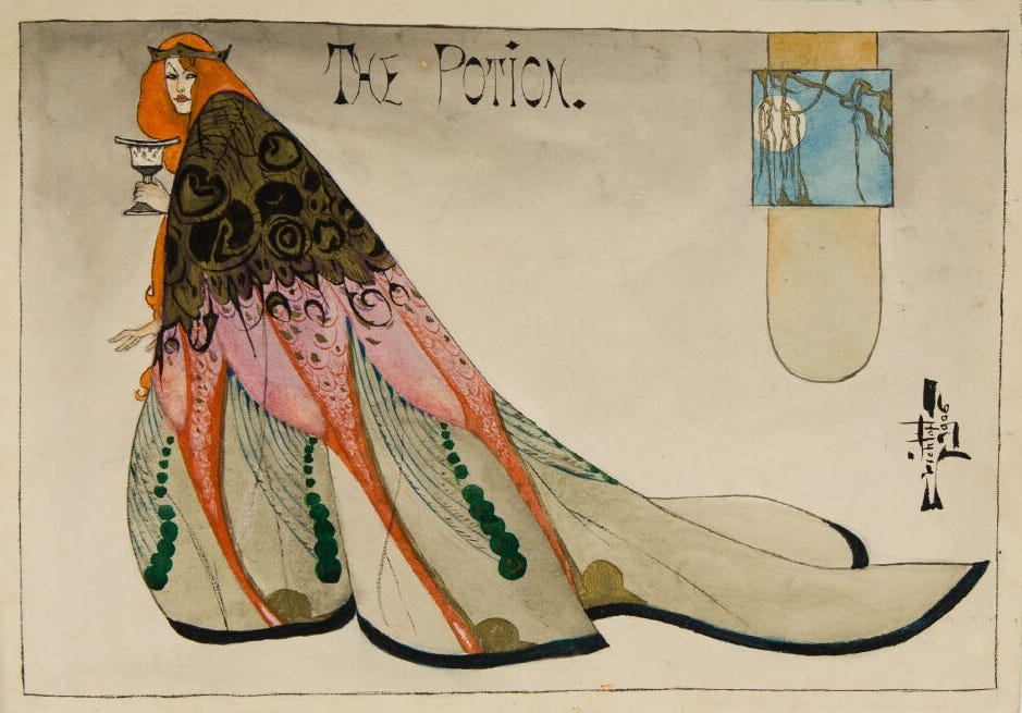 Watercolor painting of a woman with red hair holding a chalice. She is cloaked in a flowing robe featuring a design resembling peacock feathers. Above are the words "The Potion," and to the right, a small inset scene of moonlit above a forest Watercolor painting of a woman with red hair holding a chalice. She is cloaked in a flowing robe featuring a design resembling peacock feathers. Above are the words "The Potion," and to the right, a small inset scene of moonlit above a forest