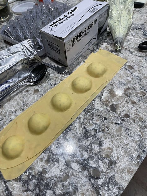First image is a row of homeade ravioli being formed. Next is a photo of me in a blue sweatshirt and the final is an image with a little section of our clover covered yard.