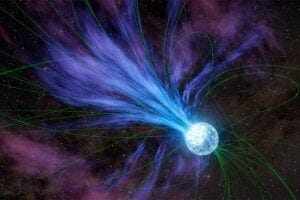 In this artist’s concept, a magnetar—a type of neutron star—is shown ejecting material into space, an event that would slow its rotation. The magnetar’s strong, twisted magnetic field lines (illustrated in green) shape the flow of electrically charged particles.