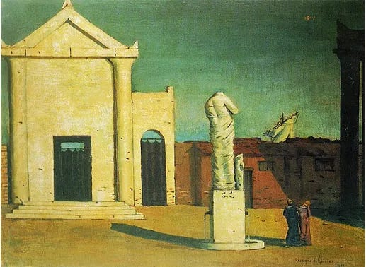 The Enigma of an Autumn Afternoon (Original title: L’Énigme d’un après-midi d’automne), 1910, Oil on canvas, 45 x 60 cm. Private collection, ©Fondazione Giorgio e Isa de Chirico.