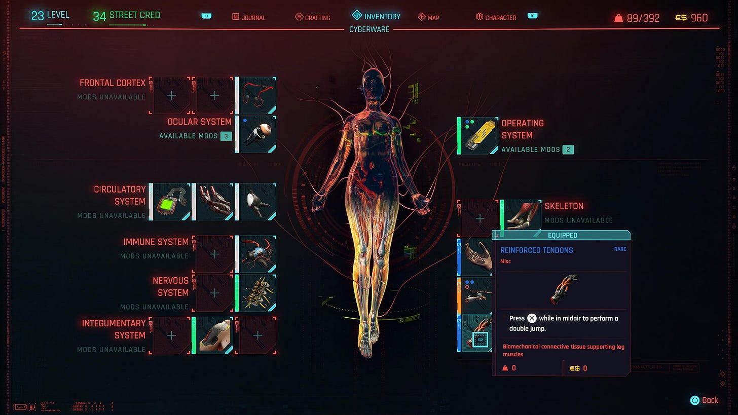 A range of cyberware upgrade options for the brain, heart, arms, legs, skeleton, etc