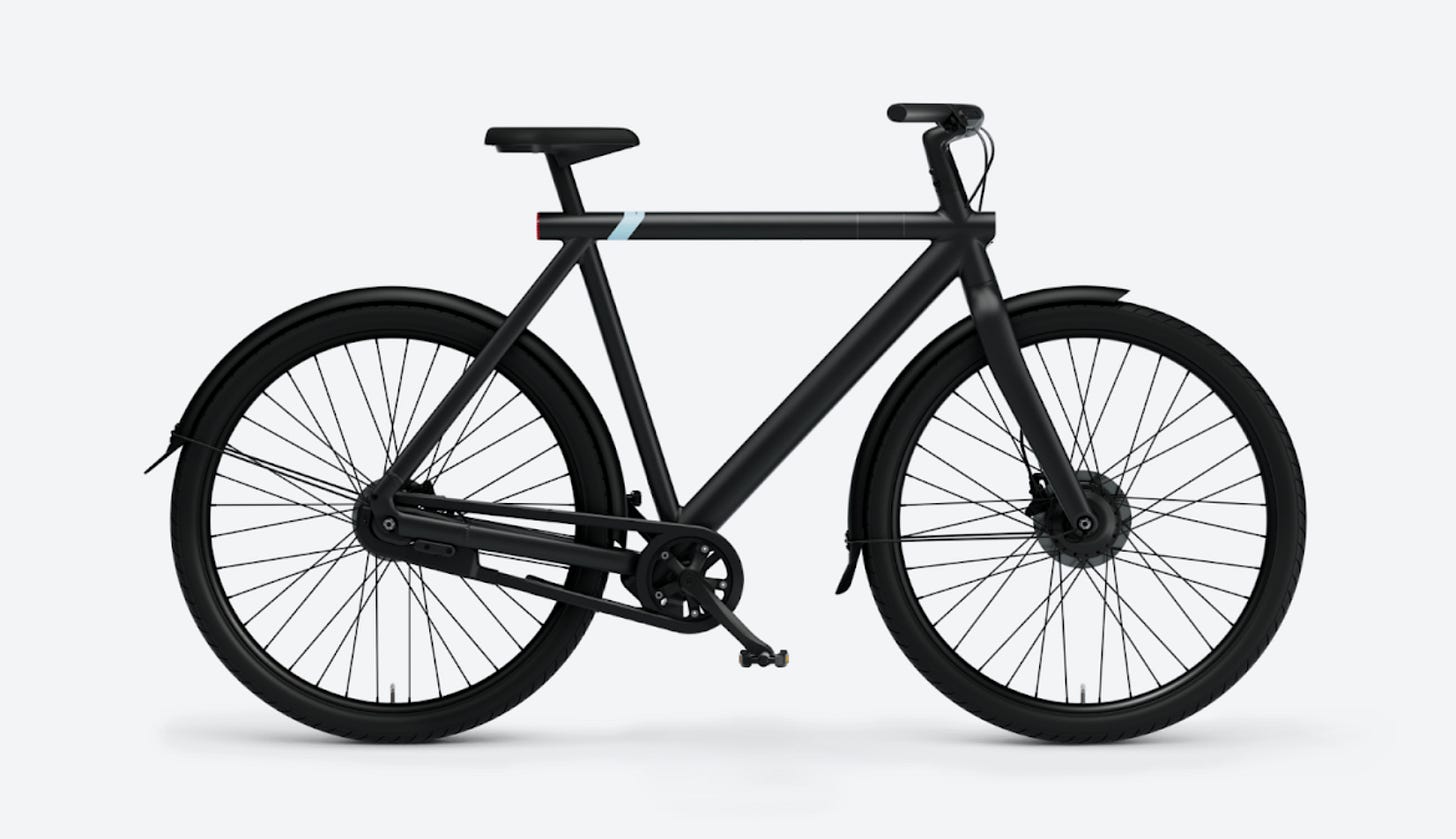 A VanMoof S3 model. The bike comes with built-in batteries and GPS, theft protection and maintenance are additional A VanMoof S3 model. The bike comes with built-in batteries and GPS, theft protection and maintenance are additional