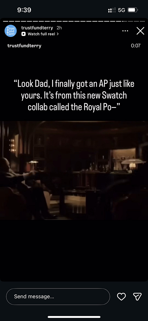 Nine-panel grid of social media screenshots and news footage capturing the chaotic global rollout of the Swatch x Audemars Piguet Royal Pop collaboration. Top row shows uniformed police officers stationed outside a Swatch boutique with the caption "It is the last day of the," a massive crowd packed shoulder-to-shoulder on a Manhattan street in front of "The Lion King" Broadway theatre near Times Square, and a blurred storefront image suggesting motion or commotion. Middle row shows a confrontation between police and individuals on a city street captioned "Losing their freedom," another angle of the dense Times Square crowd in front of the Lion King theatre with people raising phones to film, and an overhead view of a packed crowd outside a Swatch storefront. Bottom row shows a quiet shot of someone walking past a closed boutique captioned "Things getting crazy at the AP X Swatch lineup in Montreal" with a Canadian flag emoji, police officers detaining or speaking with individuals inside a building with the caption "in Miami shutdown," and a dark cinematic still featuring a dimly lit restaurant or bar interior with the text "It's from this new Swatch collab called the Royal Po—" overlaid. The collage documents the global scale of the disruption — from New York and Montreal to Miami — and the police response that accompanied multiple store closures during the Royal Pop launch.
