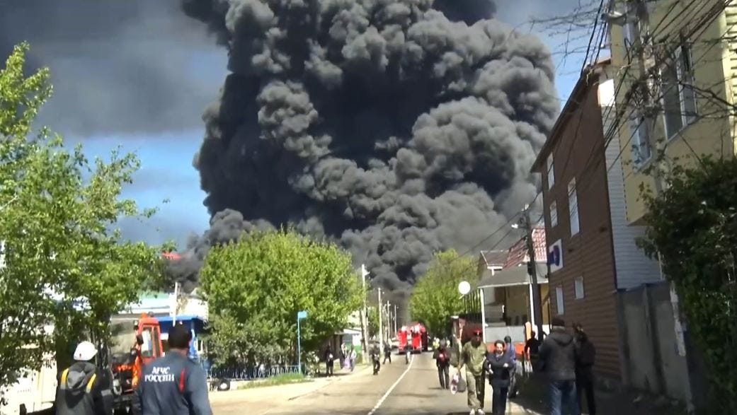 Smoke rises after a drone attack on the oil refinery and terminal in Tuapse, Russia, on Wednesday, April 29, 2026.