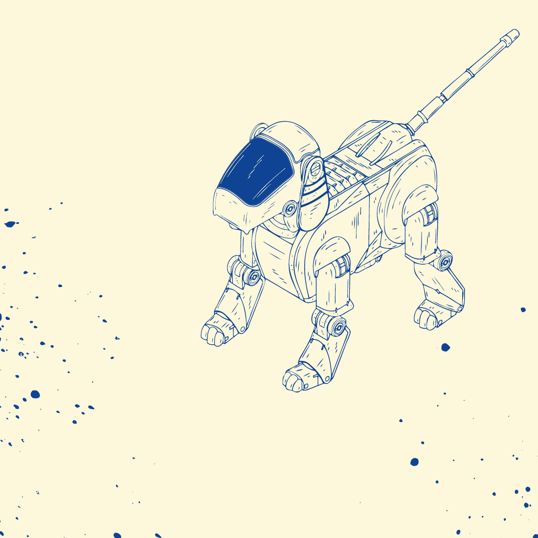 Card com uma ilustração de cachorro robótico e gotas de tinta azul Card com uma ilustração de cachorro robótico e gotas de tinta azul