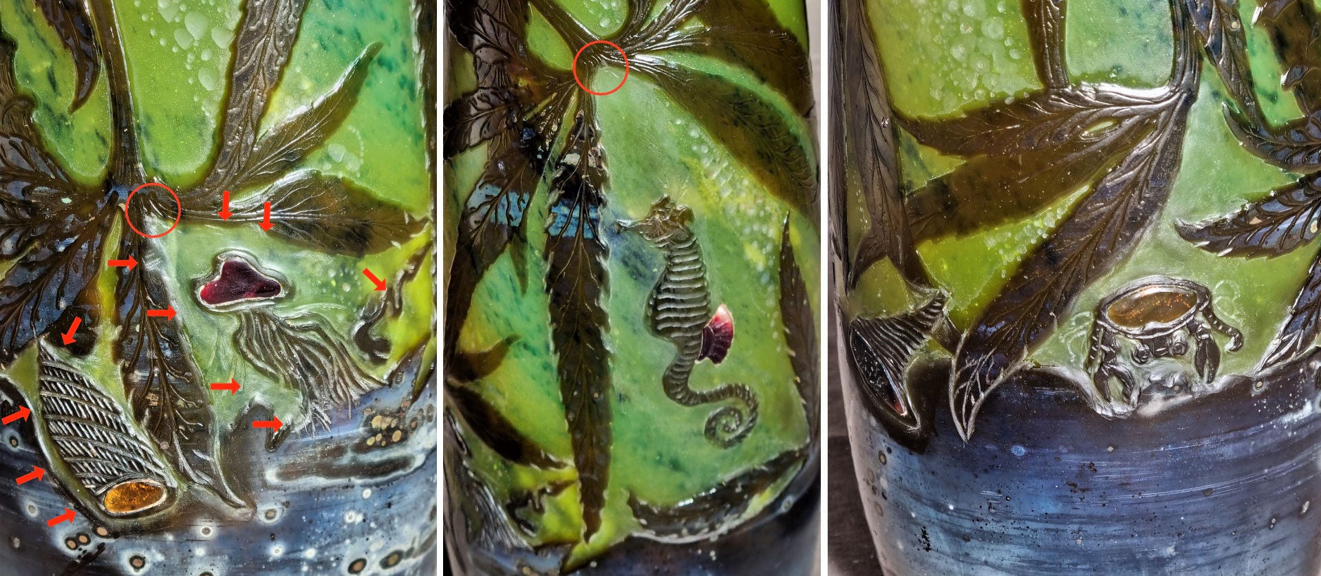 Details of some of the alterations made on the decor : evidence of cut features on the outer layer (red arrows in the first picture, for damage also visible but not pinpointed on the two other pictures), leftover beginning of a groove on the stem hinting at a missing leaflet (red circle on the middle picture), cut to make space for the crab (right picture). Details of some of the alterations made on the decor : evidence of cut features on the outer layer (red arrows in the first picture, for damage also visible but not pinpointed on the two other pictures), leftover beginning of a groove on the stem hinting at a missing leaflet (red circle on the middle picture), cut to make space for the crab (right picture).
