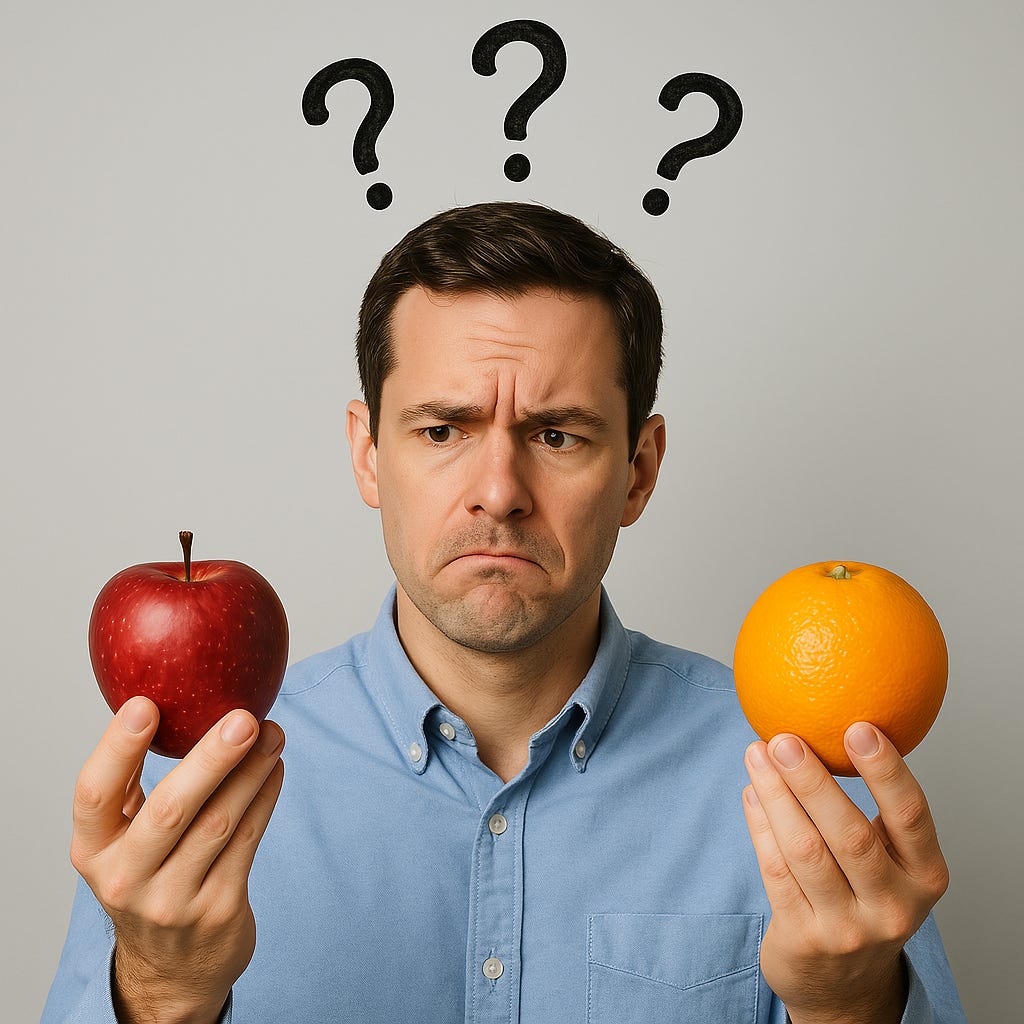 draw me an image of a man with an apple in one hand and an orange in the other with several question marks above his head