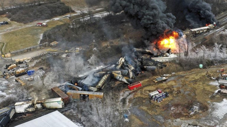 The burned train that derailed outside East Palestine, on February 3, 2023.