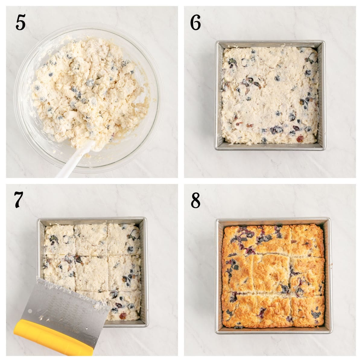 Step-by-step collage of baking blueberry squares: mixing batter in a bowl (5), spreading it in a square pan (6), scoring them with a spatula (7), and the finished golden-brown baked squares (8). Step-by-step collage of baking blueberry squares: mixing batter in a bowl (5), spreading it in a square pan (6), scoring them with a spatula (7), and the finished golden-brown baked squares (8).