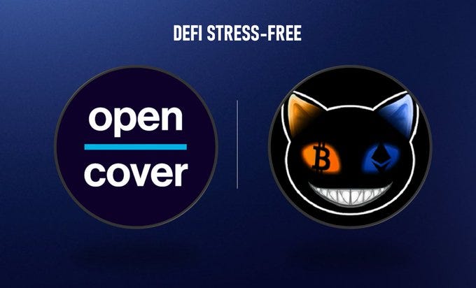 Blue background with white text DeFi Stress-Free at top. Left side circular logo with open and cover in white text on blue. Right side black cat face with orange Bitcoin symbol for one eye blue Ethereum symbol for other grinning with sharp teeth and blue ears.