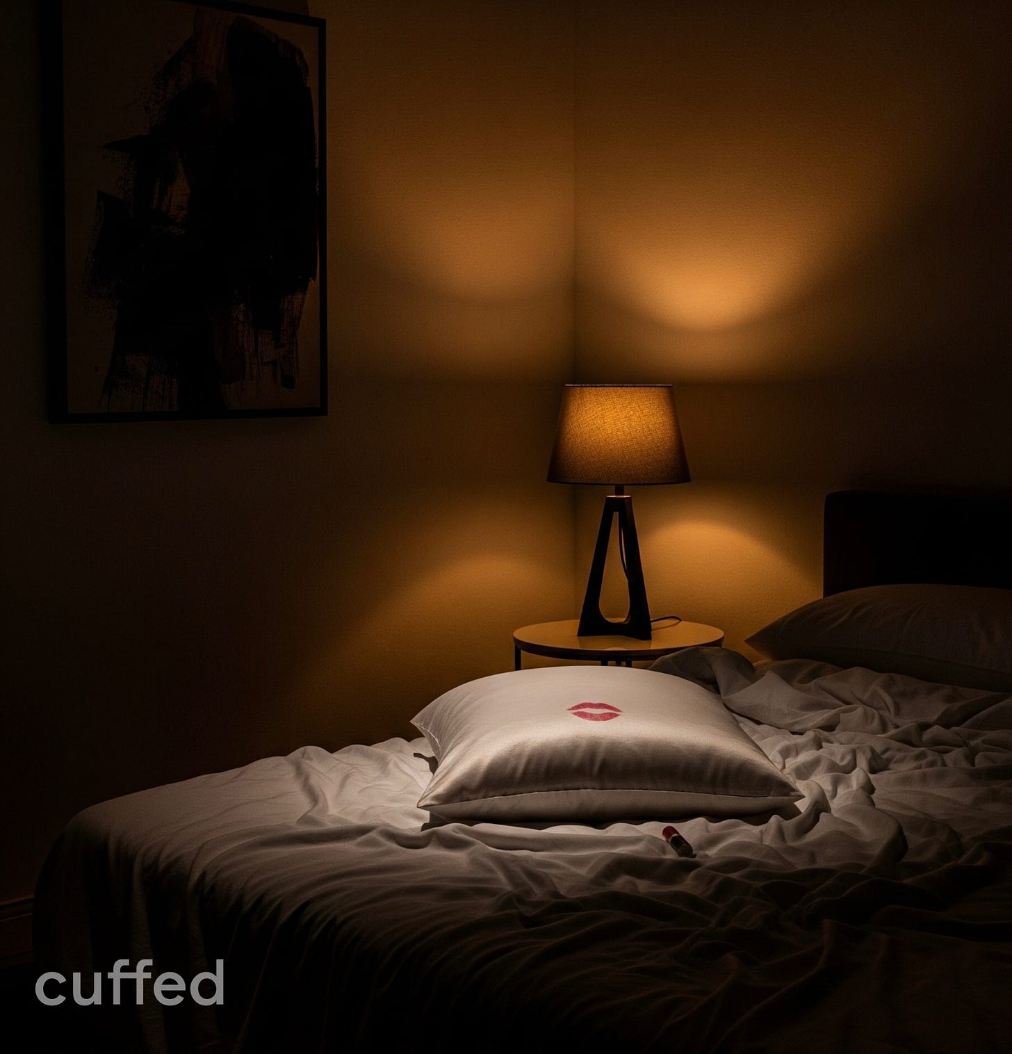 silk pillow with a red lipstick stain rests on an unmade bed, dim amber lamplight casting cinematic shadows against a cream wall. the scene feels intimate yet heavy, symbolizing performance and silence. lowercase black serif “cuffed” logo anchored bottom-left. seo tags: fake orgasm quote, weaponized faking, intimacy and trust, masculine reflection, cuffed brand visual