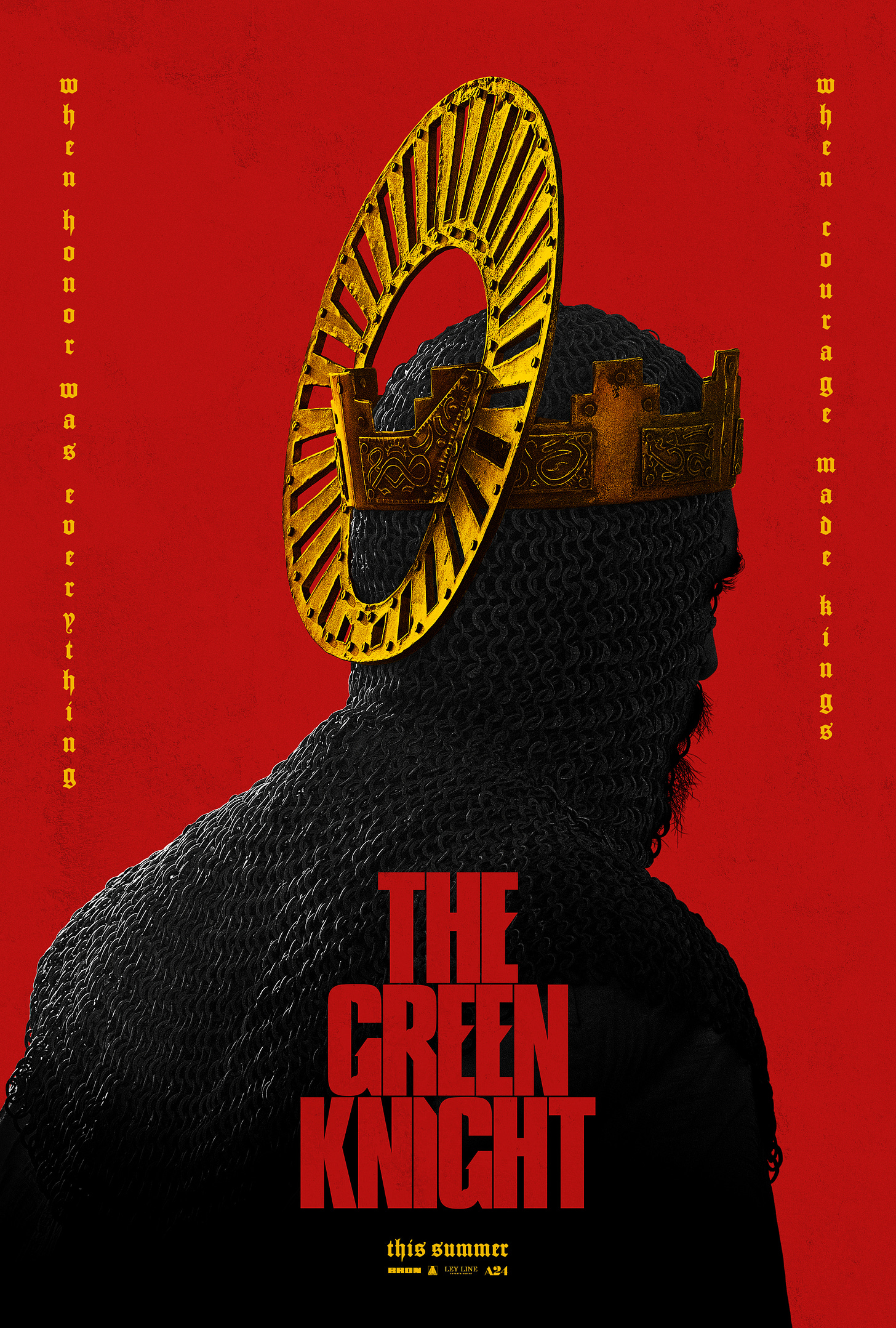 Poster of Green Knight showing the silhouette of the knight on the red background