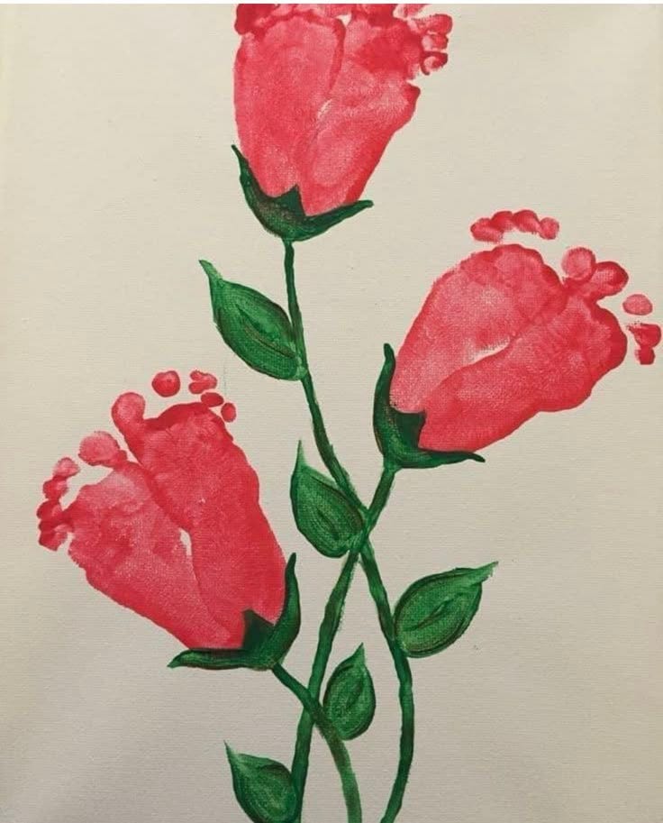 This may contain: a drawing of three pink flowers on a white paper with green leaves and red petals