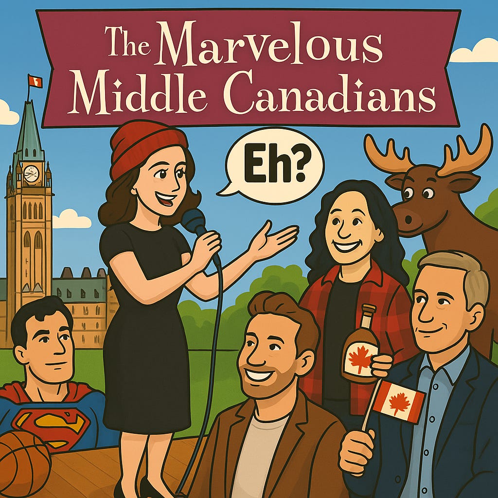 Cartoon-style digital illustration titled “The Marvelous Middle Canadians.” A woman resembling Mrs. Maisel in a black dress and red toque performs on a stage in front of Parliament Hill. She gestures mid-joke, saying “Eh?” into a microphone. Beside her stands a smiling woman in plaid holding maple syrup, with a cheerful moose behind them. In the cartoon audience are Superman, Ryan Reynolds, Sandra Oh, and Mark Carney, who holds a small Canadian flag. A basketball rests on stage. Bold banner text above mimics the Marvelous Mrs. Maisel logo style