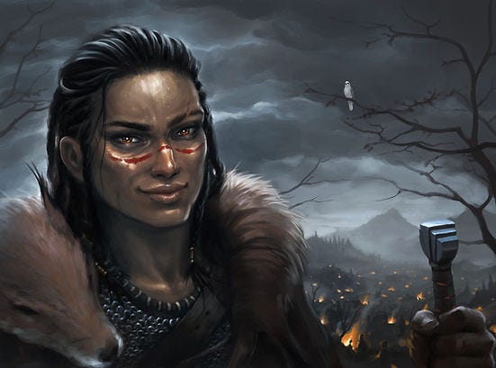 A powerful woman smiles toward the viewer, holding a sword and with a fox mantle around her shoulders. A powerful woman smiles toward the viewer, holding a sword and with a fox mantle around her shoulders.