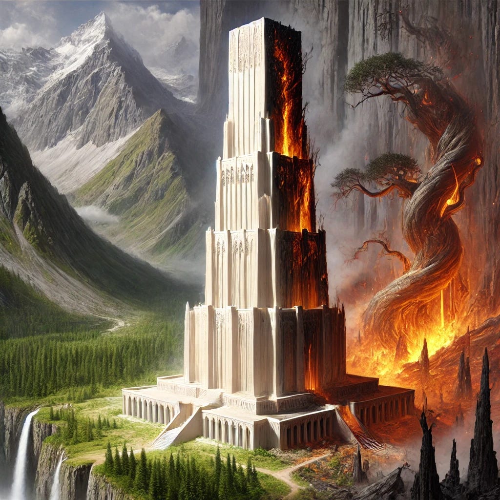 A realistic depiction of an imposing ivory tower with a pristine base but a visibly marred and corrupted upper section, showing cracks and dark stains. The tower is set against a dramatic landscape of cliffs and mountains, with dense forests in the background. Surrounding the tower, the wilderness is both vibrant and chaotic—some trees radiate life while others are engulfed in flickering, unruly flames. The contrast between order and disorder creates an intense, mythological atmosphere.