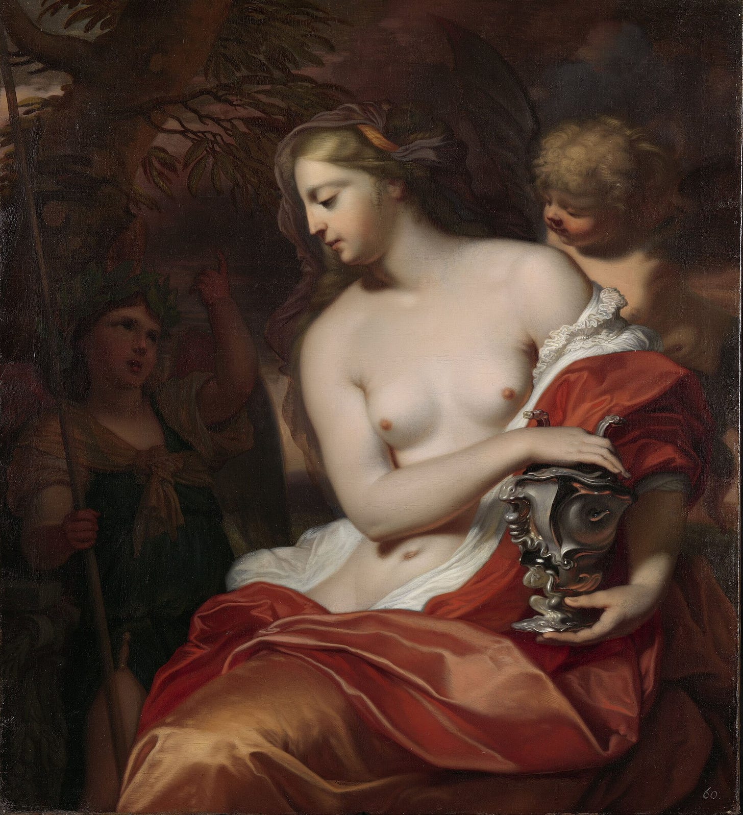 A young woman with bare shoulders sits in a dark wood holding a tall gilded silver ewer covered in writhing shapes, her face turned away from it, while a blond child with bat wings stands behind her.