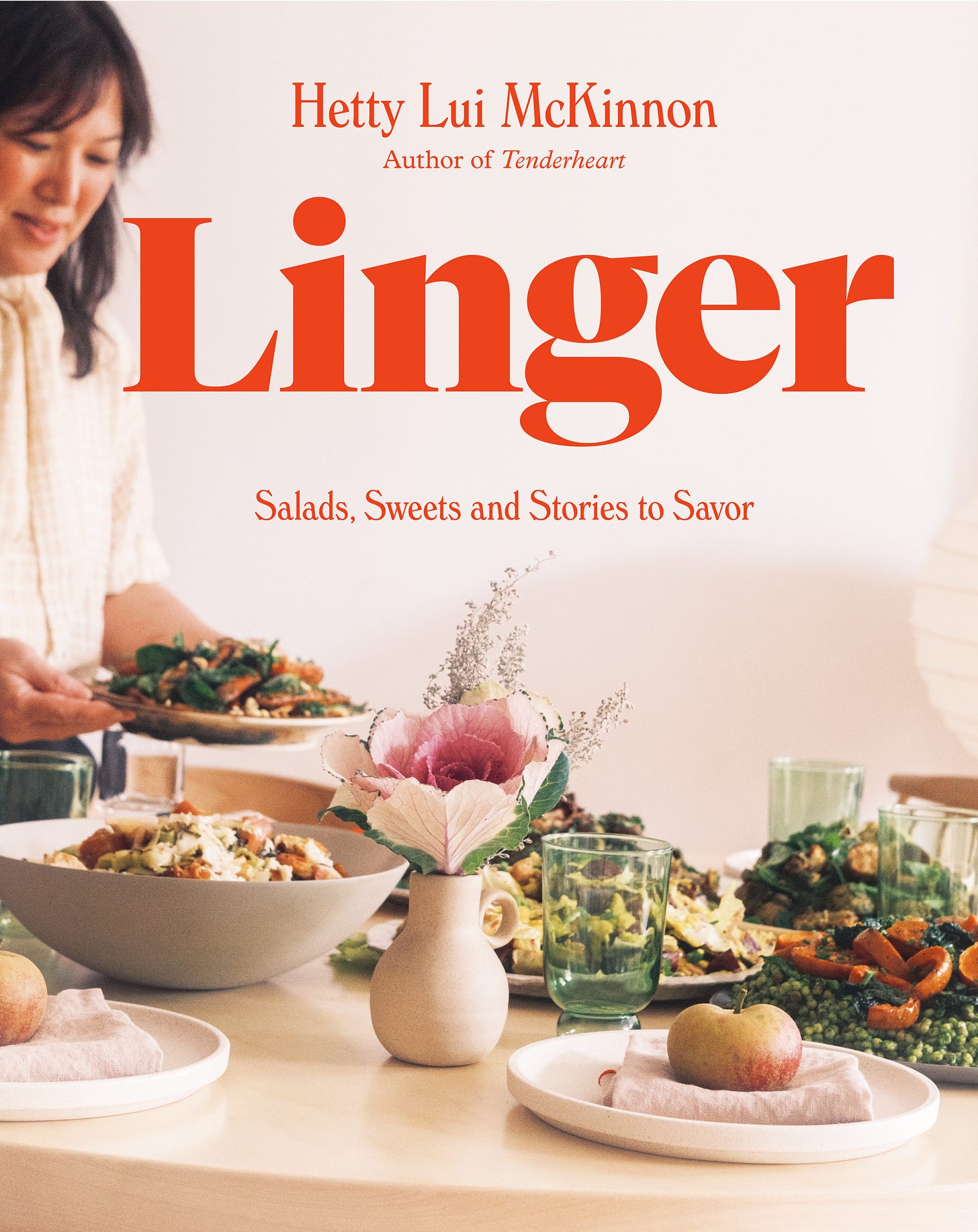 Cover of Linger with Hetty serving salads on a dinner table.