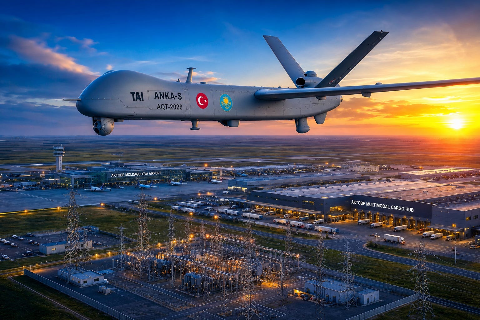 A grey tactical military drone flying over the Qazpost-Sistem logistics hub and the historic Plant 406 aerospace facility at the airfield in Aktobe, Kazakhstan. A large high-voltage electrical power substation and transmission lines cross the background steppe under a clear blue sky. A grey tactical military drone flying over the Qazpost-Sistem logistics hub and the historic Plant 406 aerospace facility at the airfield in Aktobe, Kazakhstan. A large high-voltage electrical power substation and transmission lines cross the background steppe under a clear blue sky.