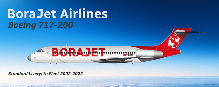 A selection of aircraft formerly operated by BoraJet Airlines: 1) Douglas DC-9, 2) McDonnell Douglas MD-82/83/88, McDonnell Douglas MD-87, 4) Boeing 717-200, and 5) Boeing 737-700 - all shown in side view.