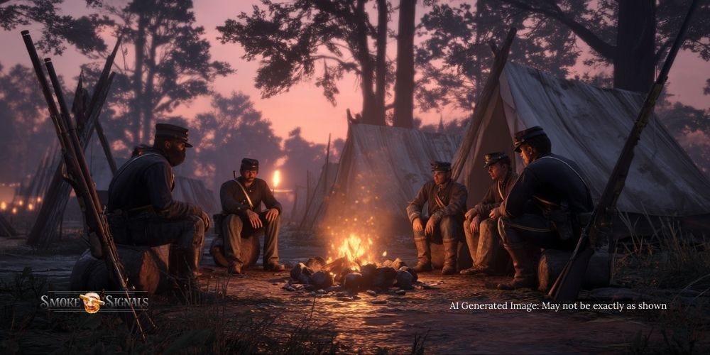 Union soldiers share a single cigar by campfire during the Civil War. Union soldiers share a single cigar by campfire during the Civil War.