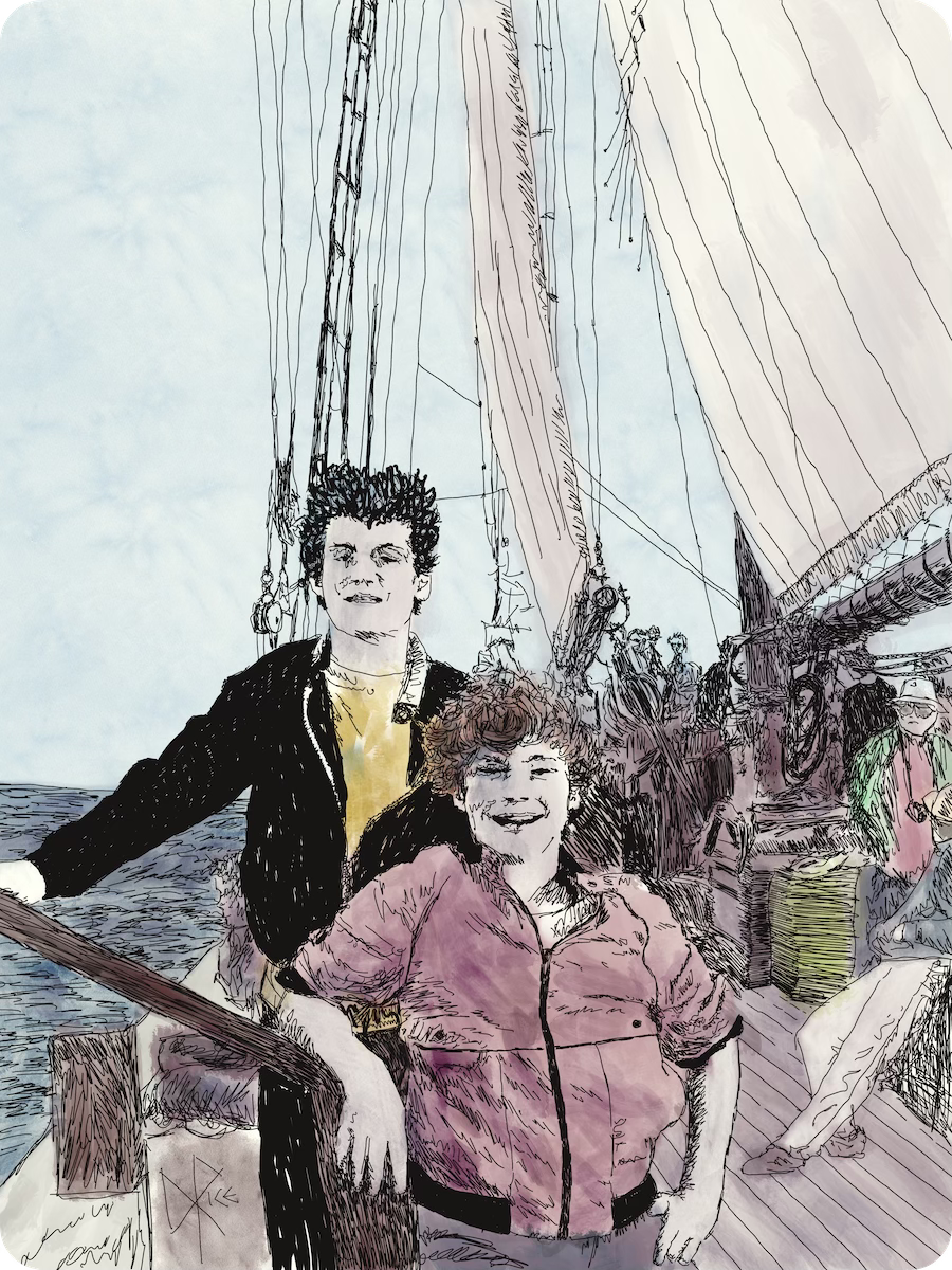People aboard the ship, cruising on a beautiful day. Sketch art by Don Rice. People aboard the ship, cruising on a beautiful day. Sketch art by Don Rice.