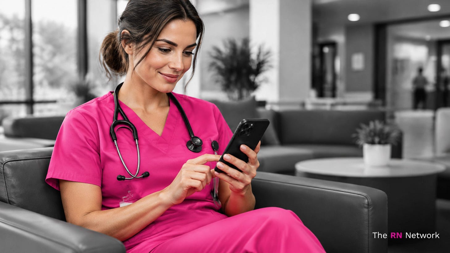 A nurse in pink scrubs composes a message on her phone in a modern hospital lounge, with The RN Network logo A nurse in pink scrubs composes a message on her phone in a modern hospital lounge, with The RN Network logo