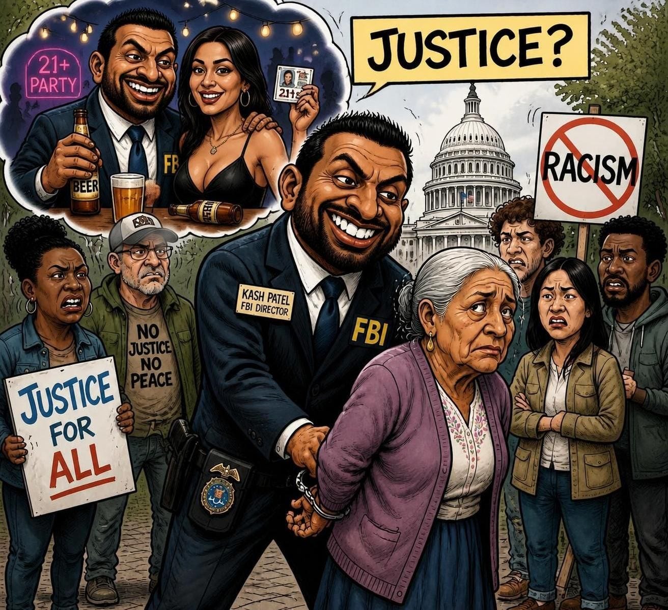 Kash Patel as a political cartoon, arresting the elderly, protested, and dating his very very young girlfriend, Alexis. Kash Patel as a political cartoon, arresting the elderly, protested, and dating his very very young girlfriend, Alexis.
