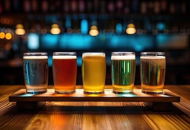 vasos de cerveza en una barra de madera con rayas rojas, blancas y amarillas